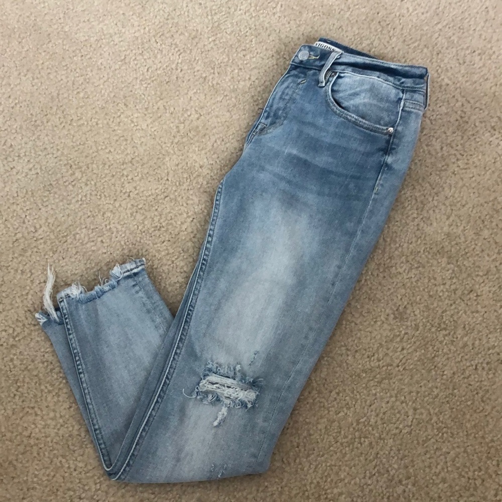 Vigoss jeans, size 27. Light denim, distressed at knees and ankles